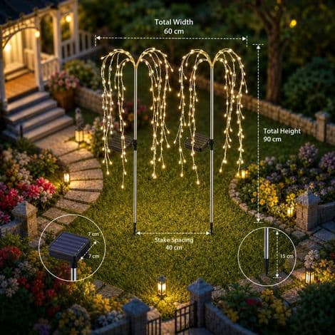 Solar Waterfall String Lights – 200 LED, Copper Wire, IP65 Waterproof, Warm White Light – Automatic Outdoor Decoration for Garden and Patio