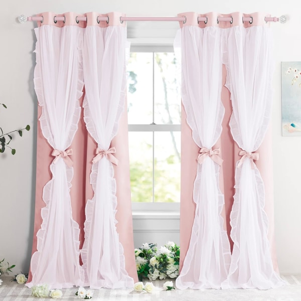 Gardiner Børn Dobbelt Gardiner Plisserede Gennemsigtige Dækket Rum Mørklægning Pretty Chic Princess, 132,08 x 213,36 cm, Blush Pink, 2 Stykker