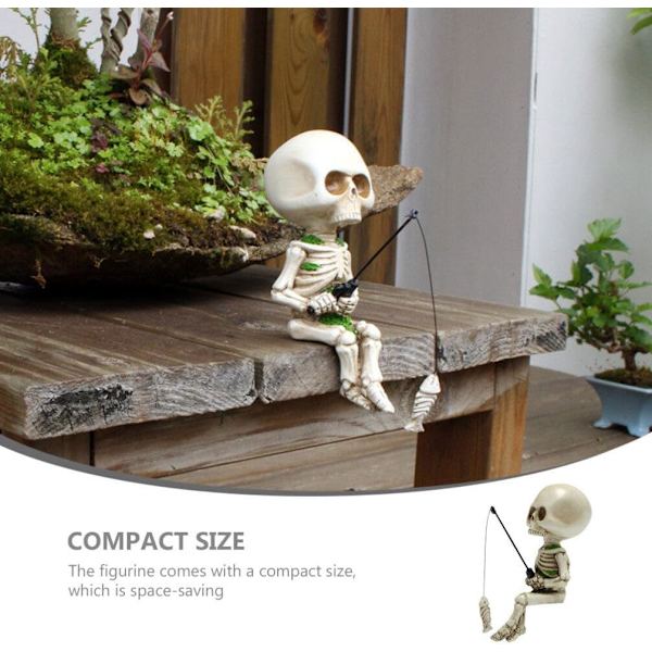 Fiskeskallefigurer Skjelettfiskerstatue Resin Miniatyr Halloween Fe Hage Dam Statue Samleobjekter for Yard Lawn Pond Pool