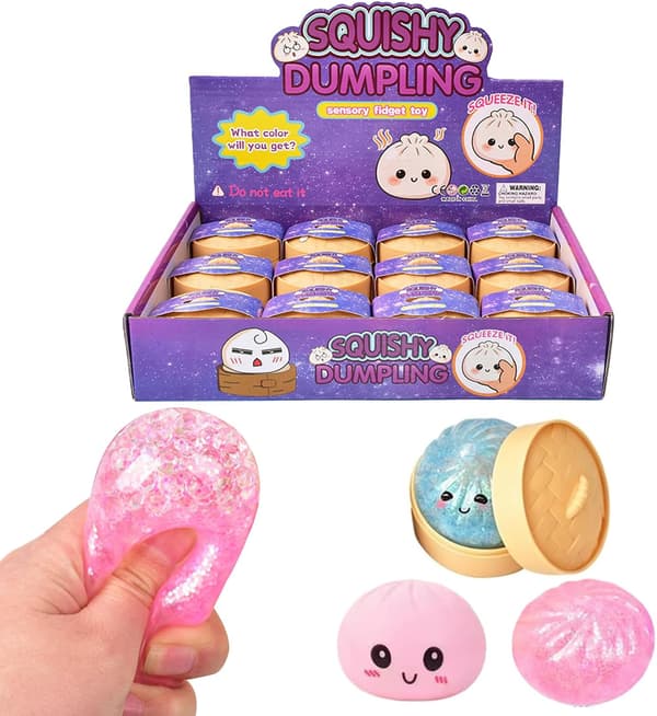Glitter Dumpling Squish-y | 12 stk. Squish-y Squeeze Dumplings Boller med Steamer, Farverige Squishies Dumplings Stressbolde Legetøj, Blød Squeeze De