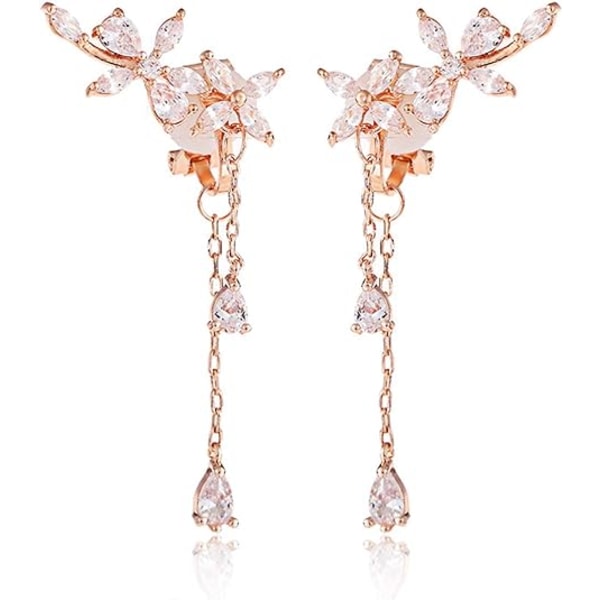 Clip on Earrings non Pierced Fringe Dangle Tassel Drop Cubic Zirconia Flower Women Girls