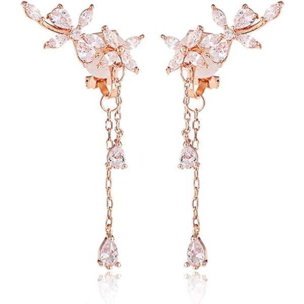 Clip på øredobber uten hull i ørene Frynser Dangle Tassel Drop Cubic Zirconia Blomst Kvinner Jenter