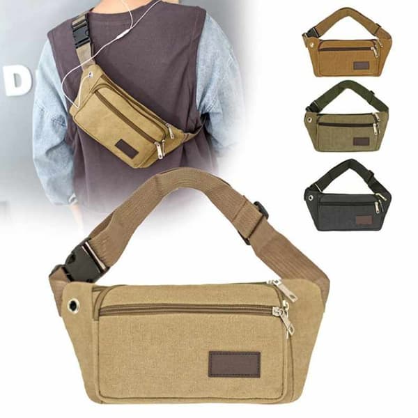 Waist Bag - 3 Compartments Canvas Fabric Various Colors Grön 89