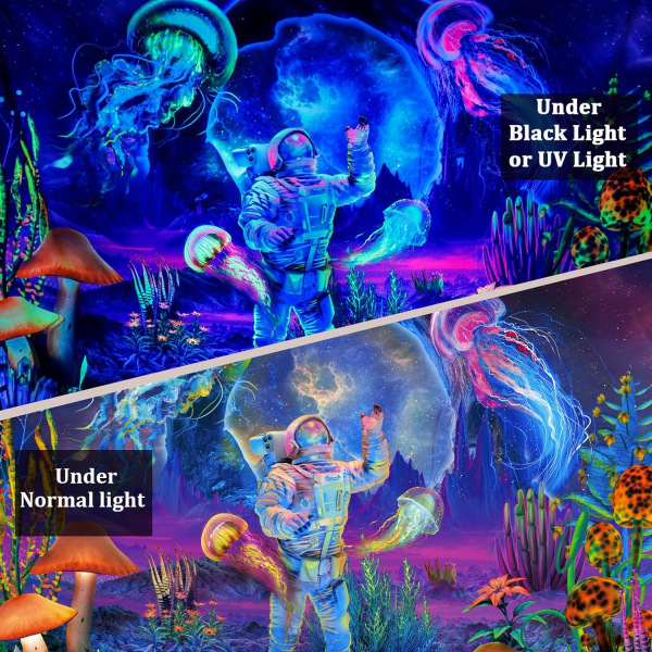 Blacklight Astronaut Gobeläng UV-reaktiva växter Maneter Neon Galaxy Space Vägghängande för rum W59×H51