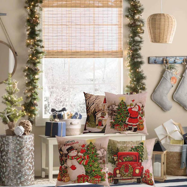 Jul kuddfodral 18 x 18 tum set om 4 vinterdekor kuddfodral bondgård snögubbe tomte kuddfodral god jul