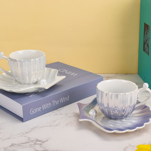 Keramisk kaffemugg med fat, kreativ pärlskalkopp, söta kaffemuggar för kontor och hem, 6,5 oz/200 ml för te latte mjölk (pärlvit)