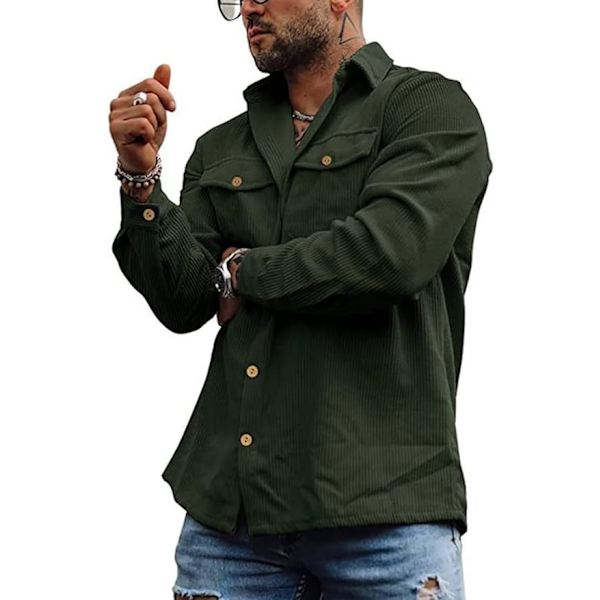 Herr Corduroy Skjortor Grön Långärmad Knäppning Trucker Jacka Skjorta Casual Work Shacket Skjorta med Fickor（Storlek：XL）