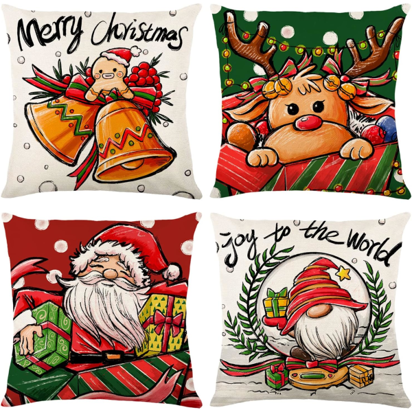Jul kuddfodral 18 * 18 tum linne kuddfodral kudde örngott jultomten röd grön vinter semester hem soffa sovrum set om 4(JYM170)