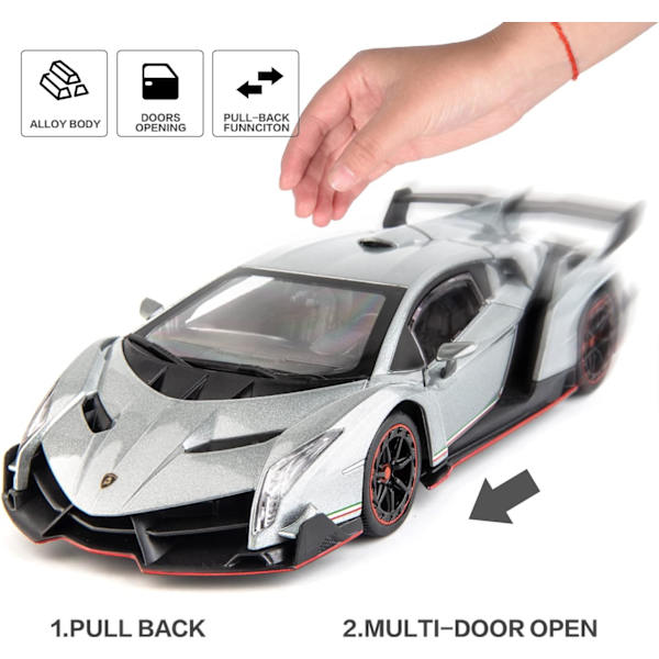 Diecast bil til Lamborghini Veneno Modelbil 1/24 skala Sports Legetøjskøretøj Dør kan åbnes Legetøjsbil Forhjul Styrbart (Grå)