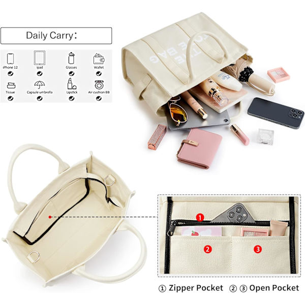 Tote Bag Dame Canvas Tote Bag Tykk Canvas Crossbody Skulder Vesker Med Glidelås og Skulderstropp for Arbeid Skole Reise Shopping