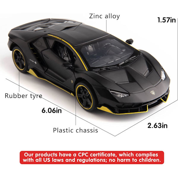 Kompatibel med 1/32 Lamborghini LP770 modellbil, zinklegering dra tillbaka leksaksbil med ljud och ljus för barn pojke flicka svart