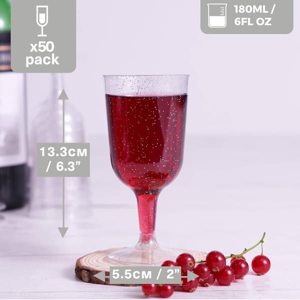 Matana - 48-pack multifunktionella klara vinglas i plast för bröllopsdag, trädgårdsgrillfest - 180 ml silver glitter 48-pack