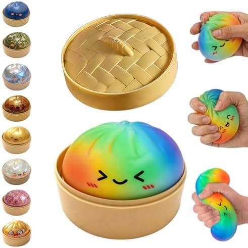 Glitter Dumpling Squishy, Dumpling Squishies, Glitter Dumpling Mystery Box, Farverige Dumpling Stressbolde Fidget, Jumbo Squishy Legetøj med Damperkasse Sæt Rainbow Colors