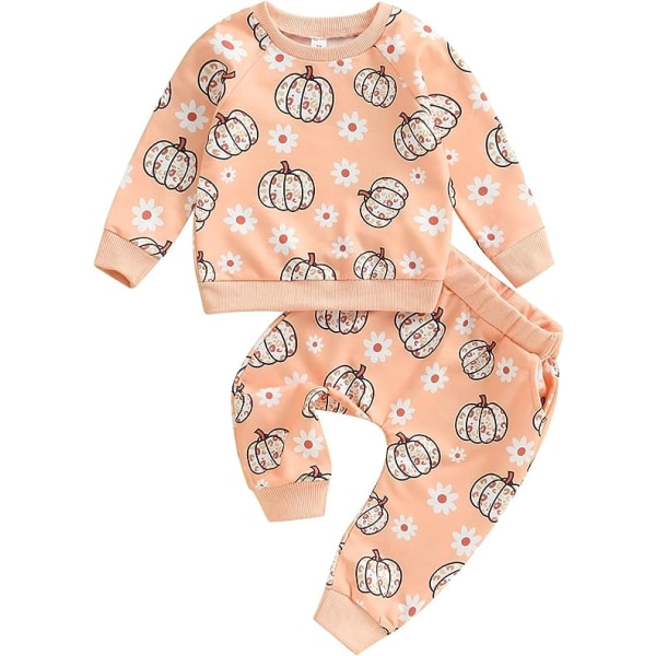 Toddler Baby Girls Halloween Tøj Kid Girl Sød Græskar Print Outfit Pullover Sweatshirts og Flare Bukser Sæt（Størrelse：90CM）Foreslå Alder:12-18Måneder