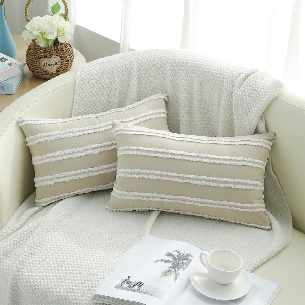 Bohemisk dekorativ kuddfodral 12x20 set, neutral randig kuddfodral, Khaki bomull linne midjekuddfodral, soffa vardagsrum