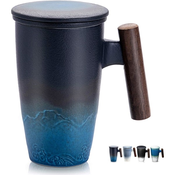 Tomotime Keraaminen Teekuppi Suodattimella ja Kannella Teemukit Puukahva 400ml/13.5oz Musta syaani
