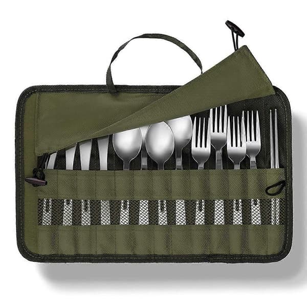Foldable Portable Nylon Cutlery Roll Bag - Travel Cutlery Organizer with Knife and Fork Compartments