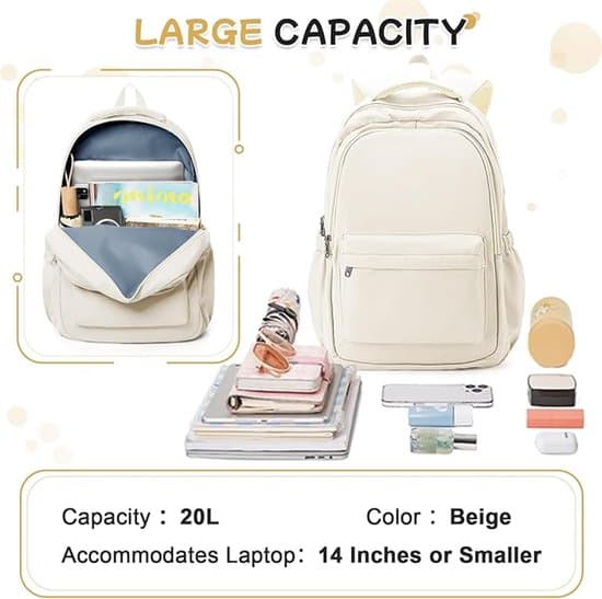 Backpack - School Backpack - 14-inch Laptop Backpack - Water-resistant and Lightweight - With Anti-theft Pocket - Casual Daypack - Beige