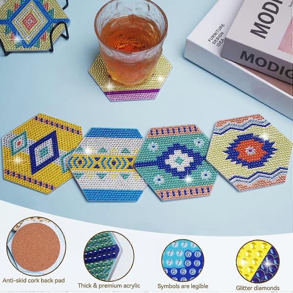 Diamantmaleri Coasters Sæt, 6 Stk Kat Diamantkunst Coasters med Holder, Håndværkssæt til DIY Coasters, Diamantkunst Sæt til Voksne