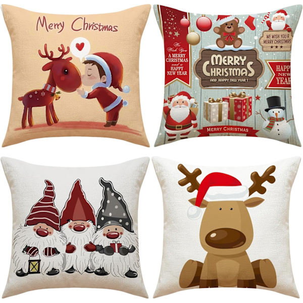 4 stk. Merry Christmas pudebetræk Julemand gaver juletræ firkantede pudebetræk linned lynlås pudebetræk (18x18 tommer)