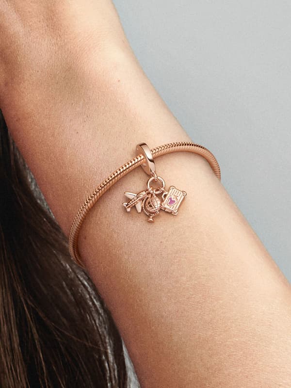 Pandora - Fly, globus & kuffert tredobbelt charm - 14k rosaforgyldning