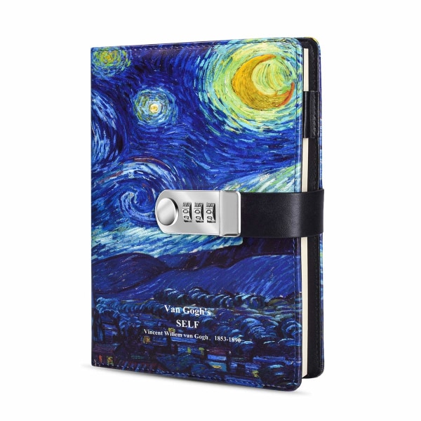 Starry Diary med lås, A5 PU-läderjournal med kombinationslås Digitalt lösenord Anteckningsbok Kombinationslåsningsdagbok (Starry 5)
