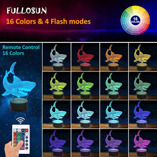Shark 3D Illusion Night Light Animal Touch Table Desk Lamp, med fjernkontroll 16 farger optisk USB LED nattlys for barn feriegave