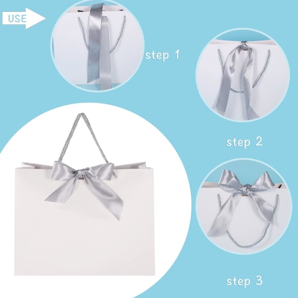 10 stk hvite gaveposer med sølv sløyfebånd, papirfestpose med håndtak gaveposer store for bryllup, konfirmasjon, bursdagsfest gaveposer