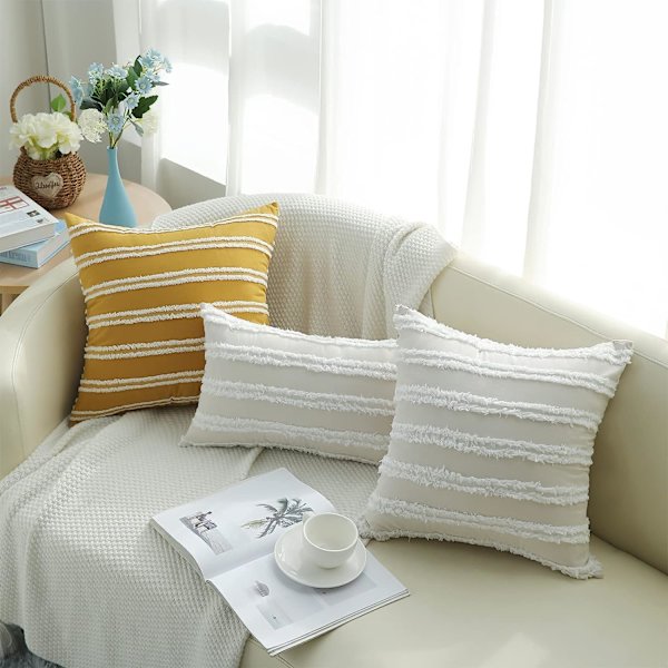 Boho dekorativa kuddfodral, neutrala randiga kuddfodral 18X18 set om 2, beige bomullslinne kuddfodral för soffa vardagsrum.