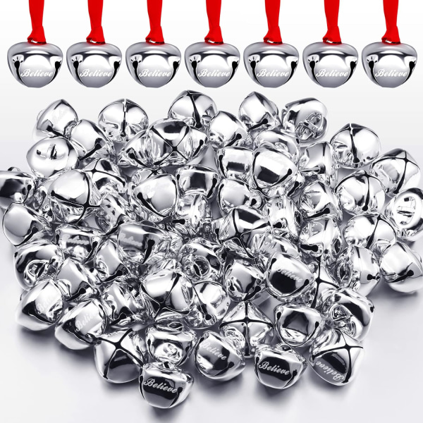 72 Pieces Christmas Believe Bell Ornaments 1.5 Inch Polar Express Bell Silver Gold Sleigh Bell Christmas Tree Bell Decoration Holiday Treat (Silver)