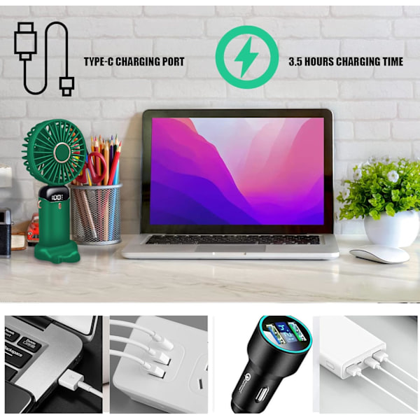 Mini USB-handfläkt Bärbar handhållen skrivbordsfläkt, liten fickfläkt 5 hastigheter med bas, hopfällbar skrivbordsfläkt för kontor, utomhusbruk Green