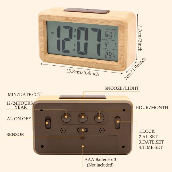 Digital väckarklocka i trä, digital väckarklocka, morgonväckarklocka med temperatur, snooze-datumfunktion, digital väckarklocka (brun)