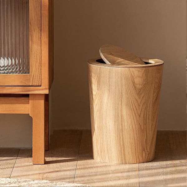10L Solid Wood Trash Can with Swing Lid - Eco-Friendly Round Waste Bin for Office and Home B