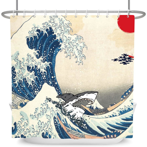 Ocean Cool Shark Red Sun Crane Asiatisk Anime Duschdraperier 72 x 72 Tum Hokusai Estetisk Herr Badrumsdekor Gardiner Vattentätt Tyg