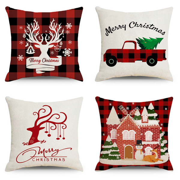 Jul Kasta Kuddfodral 18 x 18 Tum Set om 4 Vinter Dekor Kuddfodral Bondgård Snögubbe Jultomten Kuddfodral God Jul
