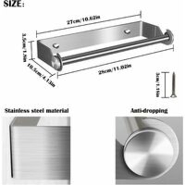 Rullhållare för hushållspapper i rostfritt stål, rullhållare för kök, pappershanddukshållare, väggmonterad rullhållare för kök (27 cm)