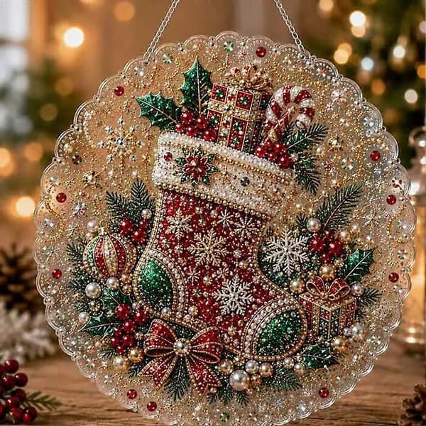 Juleperle Diamantmaleri Solfanger Sæt, DIY Perlekunst Julevinduesudsmykningssæt til Begyndere