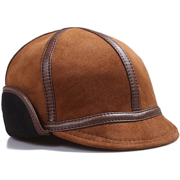 Hattar Herr Vinter Varma Öronskydd Bomber Mössa Man Äkta Läder Inuti Fårskinn Snö Mössor,Brun（Storlek：XL,57-58CM）