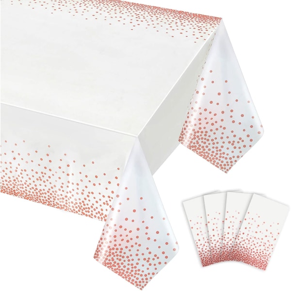 4 Pack, White and Rose Gold Tablecloth Plastic, Table Cover for Parties, Dot Confetti Pattern Table Cloths for Rectangle Tables, 54" x 108"