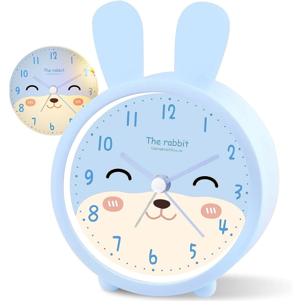 Barnväckarklocka för flickor och pojkar, tyst morgonväckarklocka utan tickande, analogt upplyst alarm, lätt att set, batteridrivet (blå kanin)