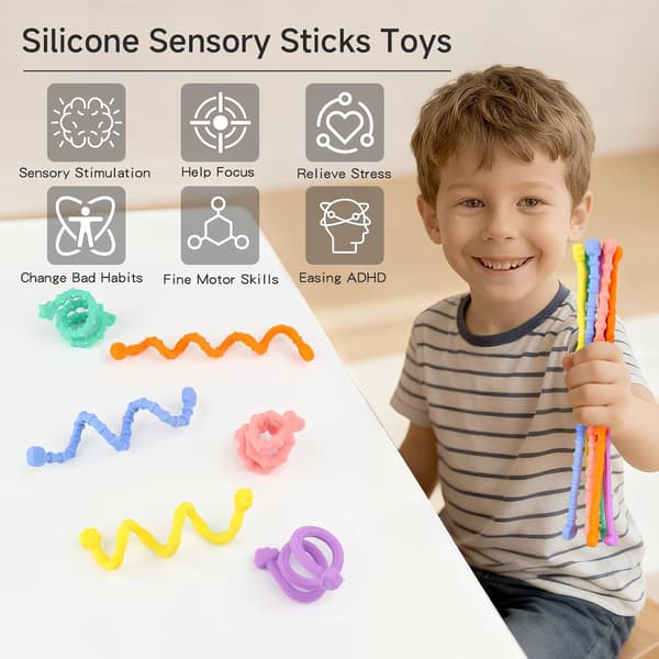 Sensoriske fidget-legetøj til børn og voksne - 6 stk. fleksible fidget-pinde til angst, stresslindring, beroligende, autisme, ADHD - Stille legetøj til