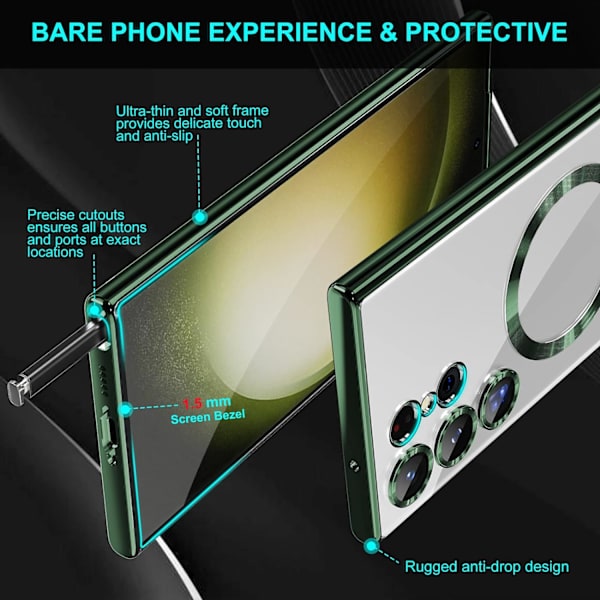 MagSafe-fodral med kameralinsskydd för Samsung Galaxy S23 Ultra, magnetiskt genomskinligt fodral, fullständigt skydd, pläterat, reptåligt, smalt och tunt fodral