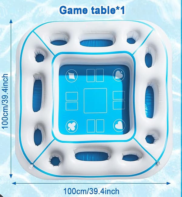 Inflatable Pool Game Table - Floating Card Table with Waterproof Playing Cards, Drink & Snack Tray - White Pool Party Float for Hot Days White