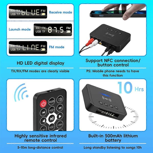 Bluetooth 5.0 Receiver Transmitter FM Stereo AUX 3.5mm Jack RCA Wireless NFC Bluetooth Audio Adapter