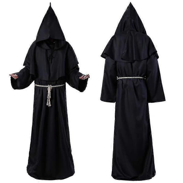Halloween Middelalder Munk Kostyme Kappe Munk Trollmann Prest Cosplay Kostyme Black S