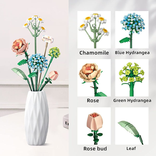 Mini tegelsten blombukett byggsatser, konstgjorda blommor, DIY unik dekoration hem, 680 delar botanisk samling för åldrar