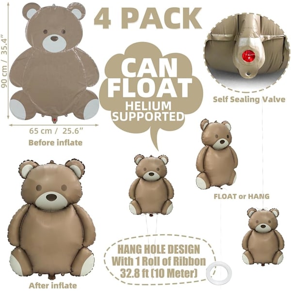 4D 35'' Store brune bjørneballoner Tegneserie Teddy Bear festartikler, 4 pak matte bjørn Helium Mylar folie balloner til Jungle Woodland