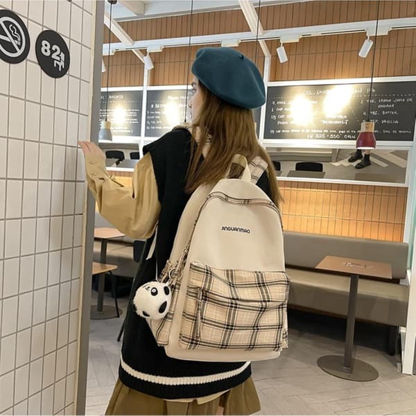 School Bag - Plaid Backpack with 1 Free Cute Panda Charm, (Beige)