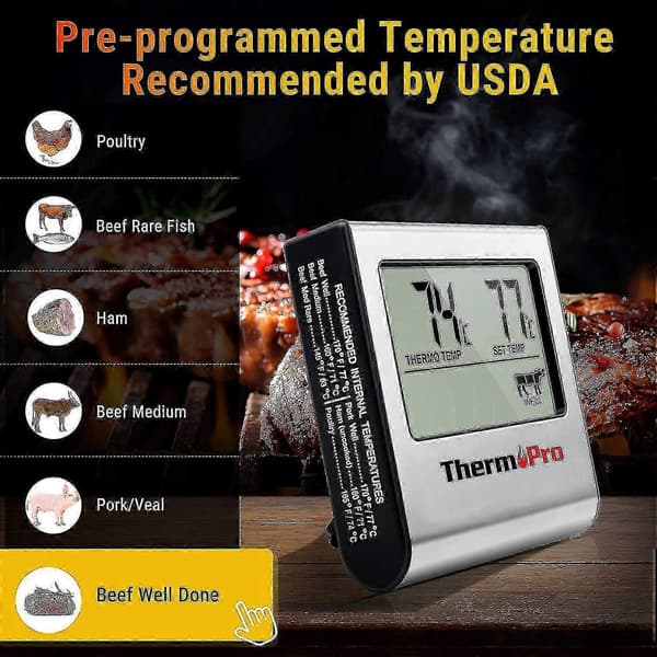 Tp16 Stegetermometer Til Digitalt Kød Med Stor Lcd-skærm Til Rygning Ovn Køkken Grilltermometer Med Timer Og Rustfrit Stål Pro