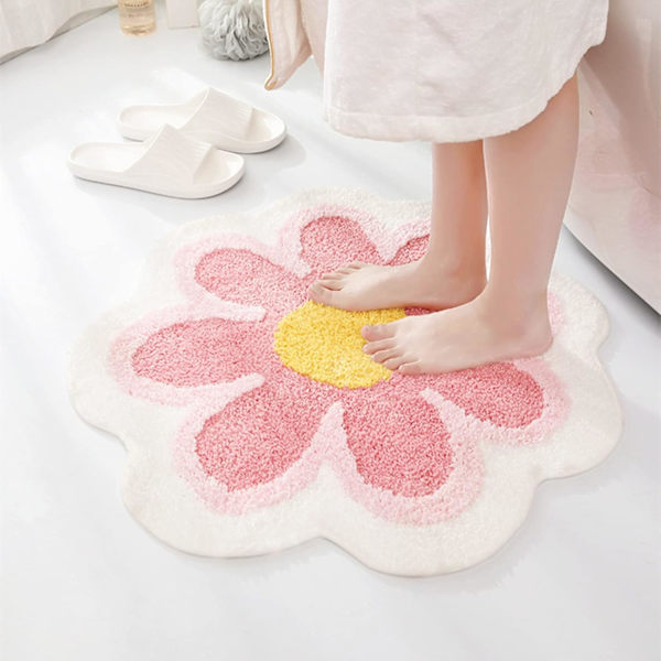 Blomster Bademåtte, Uregelmæssig Tæppe, Sød Pink Badeværelsestæppe, Mikrofiber Bademåtte, Maskinvaskbar Blød Absorberende, 23.6x23.6 tommer